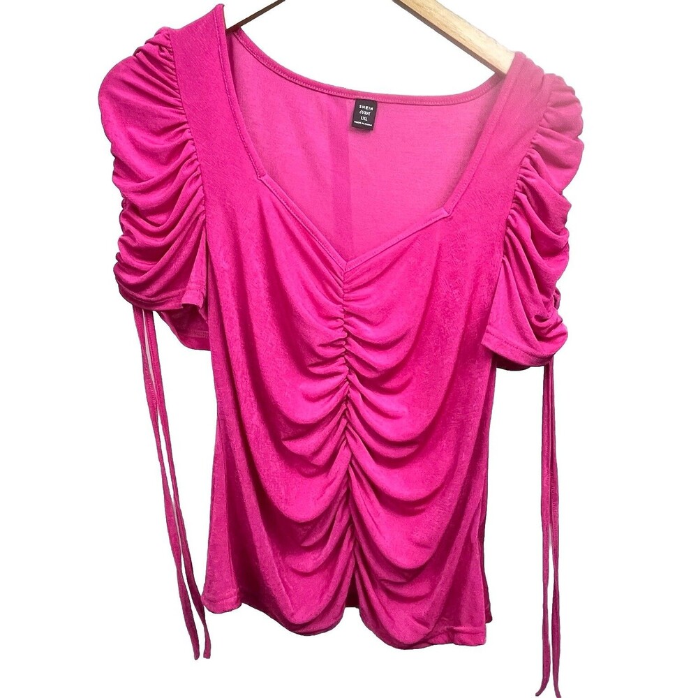 Shein Curve Puff Sleeve Blouse 1XL Pink Sweetheart Neck Ruched Stretch Romantic